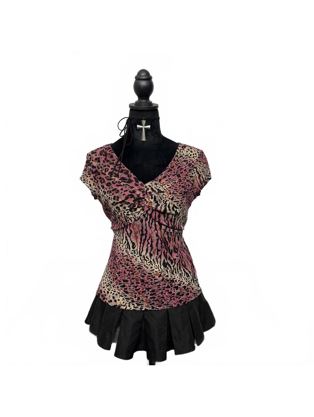 Alfani Sz M Y2K Style Pink & Tan Animal Print Mesh Empire Waist Babydoll Top